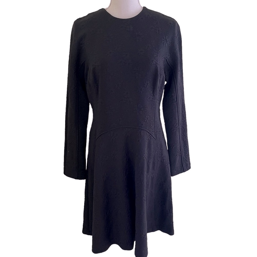 Lela Rose Pearl Black Tone on Tone Textured Knit Long Sleeve A-Line Dress NEW